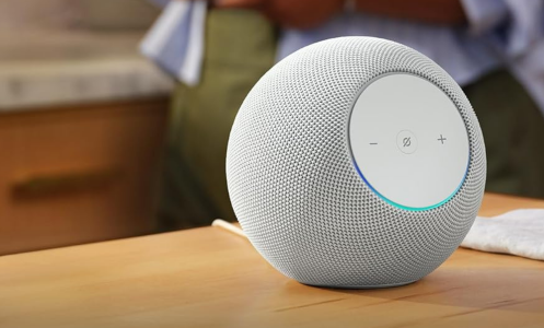 Amazon Echo Studio in glacier white on wood countertop