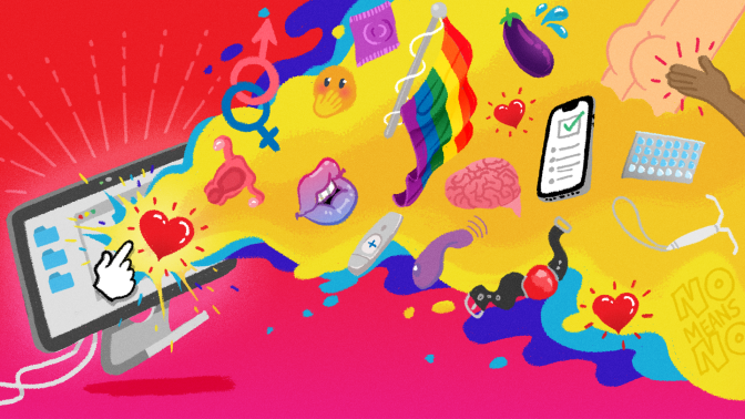 illustration of pride flag, lips, and other symbols emerging from a computer screen