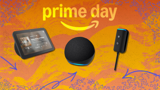 Echo devices in front of an orange background