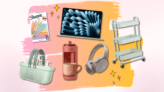 back-to-school college gear including MacBook Air, Bose headphones, shower caddy, Keurig coffee maker and more iwth pink and yellow background