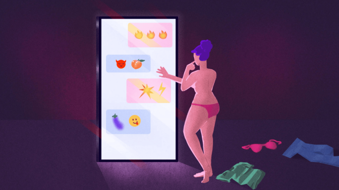 illustration of a woman in her underwear scrolling through a life-size phone.