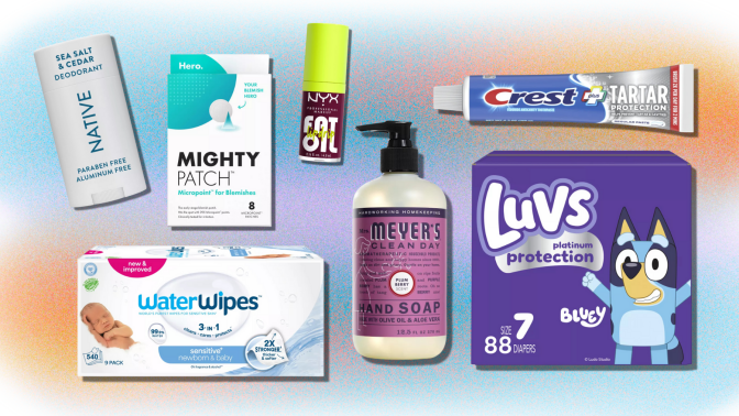 Various personal care and baby items arranged on blue, orange, and purple backdrop