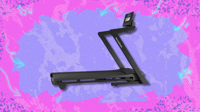 The NordicTrack T Series 9 against a purple and pink background. 