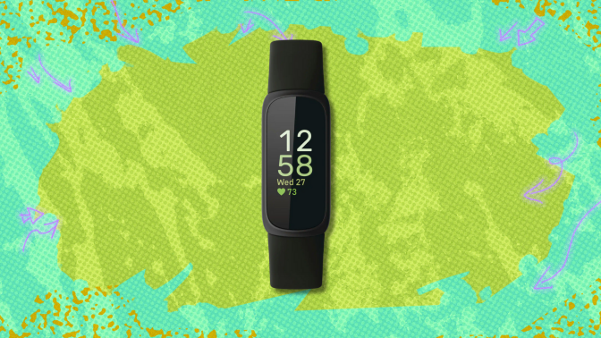 The Fitbit Inspire 3 against a green and teal background. 