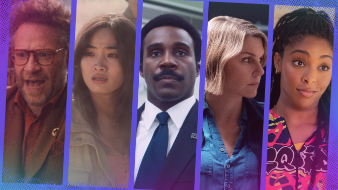 Five side-by-side images shows different characters from Apple TV shows.