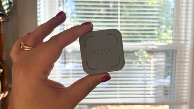 a close-up of a woman holding the brick