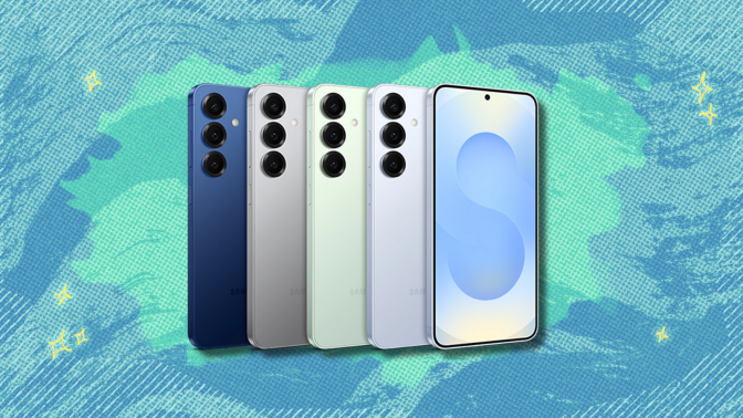 Samsung Galaxy S25 phones in variou colors with teal background