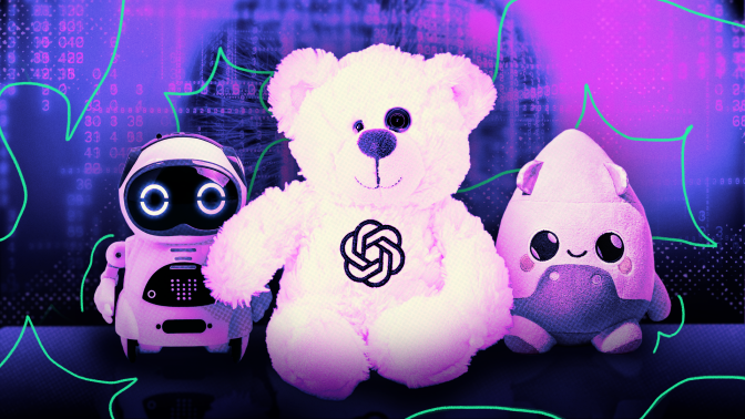 A small robot, stuffed bear with OpenAI logo, and Grok toy. 