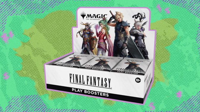 Magic: The Gathering Final Fantasy Play Booster Box on a green background. 