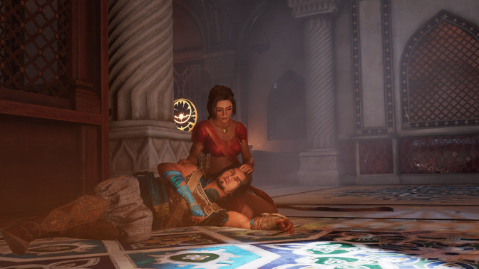 A promotional screenshot of the 'Prince of Persia: The Sands of Time' remake showing the Prince lying down with his head in a woman's lap.
