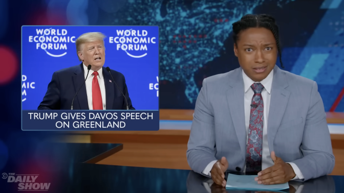 The Daily Show host Josh Johnson presents a segment beside an image of Donald Trump.