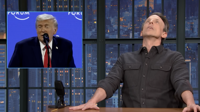 Seth Meyers stares at the ceiling while presenting "Late Night" beside an image of Donald Trump.