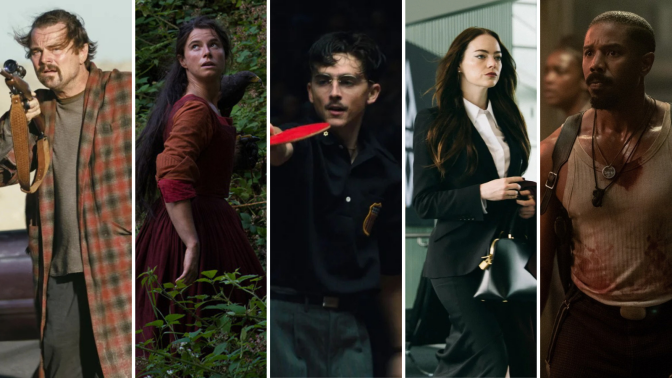 Leonardo DiCaprio, Jessie Buckley, Timothee Chalamet, Emma Stone, and Michael B. Jordan stills from Oscar Best Picture nominees