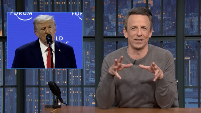 Seth Meyers presents "Late Night" beside an image of Donald Trump