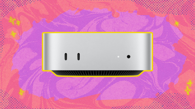The Apple Mac mini (M4) against a pink background. 