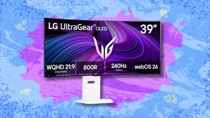 LG gaming monitor on pink and blue abstract background