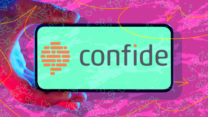 Hand holding phone with Confide logo against abstract background