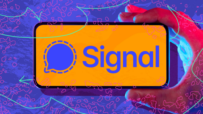 Hand holding phone with Signal logo against abstract background